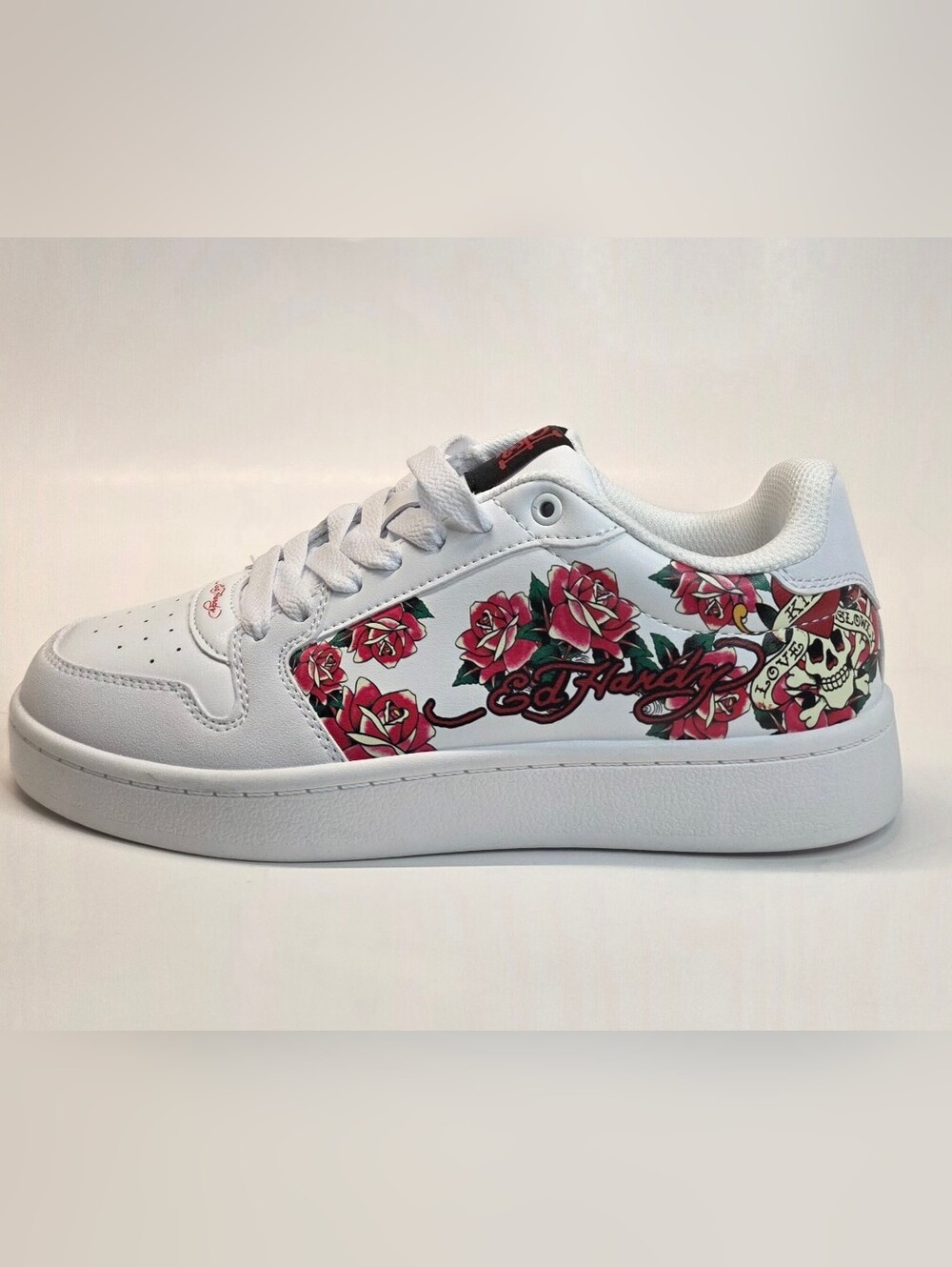New  Ed Hardy Women’s White Court Sneakers Red Rose Tattoo Graphic Size 8 & 10